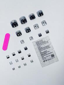 24入組銀黑色可愛貓咪指甲貼片，適用於手指和腳趾壓花，美甲用品 - 彩色 - 查看 2
