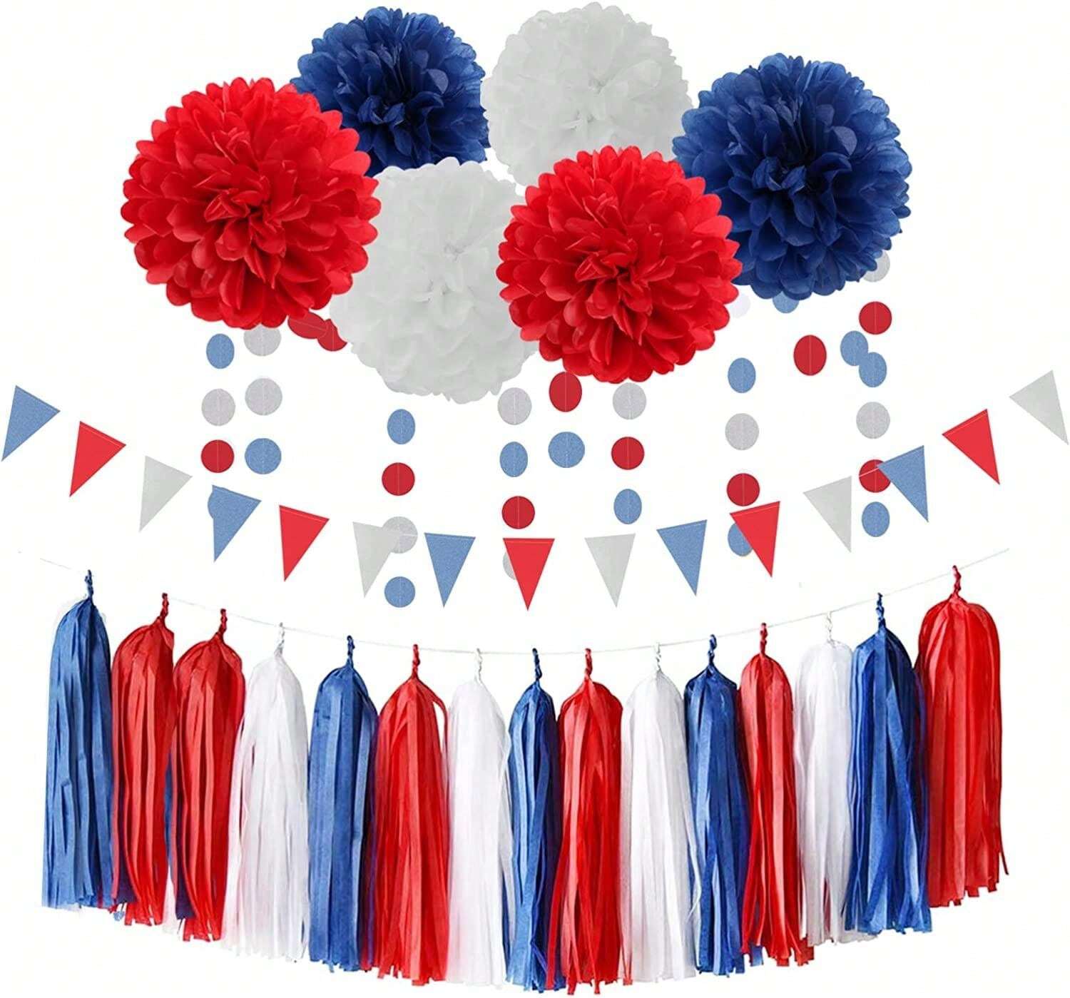 15PCS Red Blue White DIY Tissue Tassel Garland Fourth Of July USA