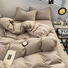 4pcs Super Soft Solid Color Bedding Set (1 Quilt Cover, 1 Bedsheet, 2 Pillowcases) For All Seasons - Apricot - View 6