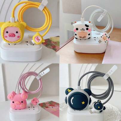 Set de 4 cubiertas protectoras de diseño de cabeza de vaca/cerdo lindo para adaptador de carga de 20 W, protector de cable, protector de cargador