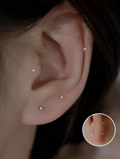 Set de 4 aretes de plata de ley 925 para orejas perforadas, aretes de plata pura para dormir, para usar todo el tiempo en el cuidado de las perforaciones de las orejas