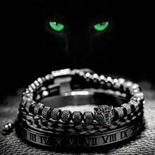 Set de 3 piezas Pulsera trenzada de lujo hecha a mano para hombre, con cabeza de leopardo con pavé de CZ, numeral romano, brazalete de acero inoxidable, para uso de negocios, ocio y uso diario, regalo para el Día del Padre o cumpleaños del novio - Negro - Ver 8