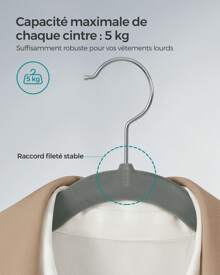 SONGMICS Cintres en Velours, Lot de 50, Antiglisse, avec Encoches, Barre pour Pantalons, Crochet Pivotant à 360°, Gain de Place, Épaisseur 0,6 cm, Longueur de 43 cm, Gris - Lot de 50 Gris - Voir 6