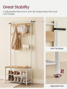 VASAGLE Coat Rack, Coat Stand With Shoe Storage Bench, Hall Tree With Shoe Rack, 3-In-1 Design, Steel Frame, For Hallway, Entrance, 32 X 70 X 177 Cm, Modern, Oak Colour And White - Ginger - View 4