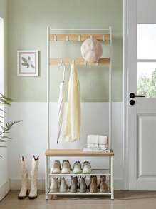 VASAGLE Coat Rack, Coat Stand With Shoe Storage Bench, Hall Tree With Shoe Rack, 3-In-1 Design, Steel Frame, For Hallway, Entrance, 32 X 70 X 177 Cm, Modern, Oak Colour And White - Ginger - View 1
