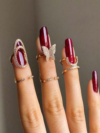 一套迷你铜镶嵌锆石美甲戒指，女士个性化美甲饰品，可拆卸假指甲戒指