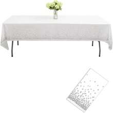 قطعة واحدة من الطاولة البيضاء والنقاط الفضية القابلة للتخلص منها، غطاء طاولة الحفلات المستطيل لعيد الميلاد والتخرج والمطعم وحفلات الزفاف والأعراس وحفلات الشاي في الحديقة