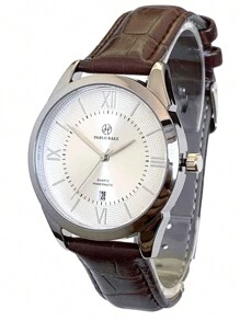 Pablo Raez 1pc Men's Fashion Watch, SUS304 Stainless Steel Silver IPS Case, Roman Numeral & Bar Scale Dial, Date, Minimalist Design Dial, Brown Faux Leather Strap, Casual Water Resistant Quartz, Suitable For Work, School, Daily Life, Gift For Men, Business Luxury