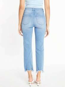 HIGH RISE SLIM STRAIGHT FRAYED JEAN - 淺色水洗藍 - 查看 4