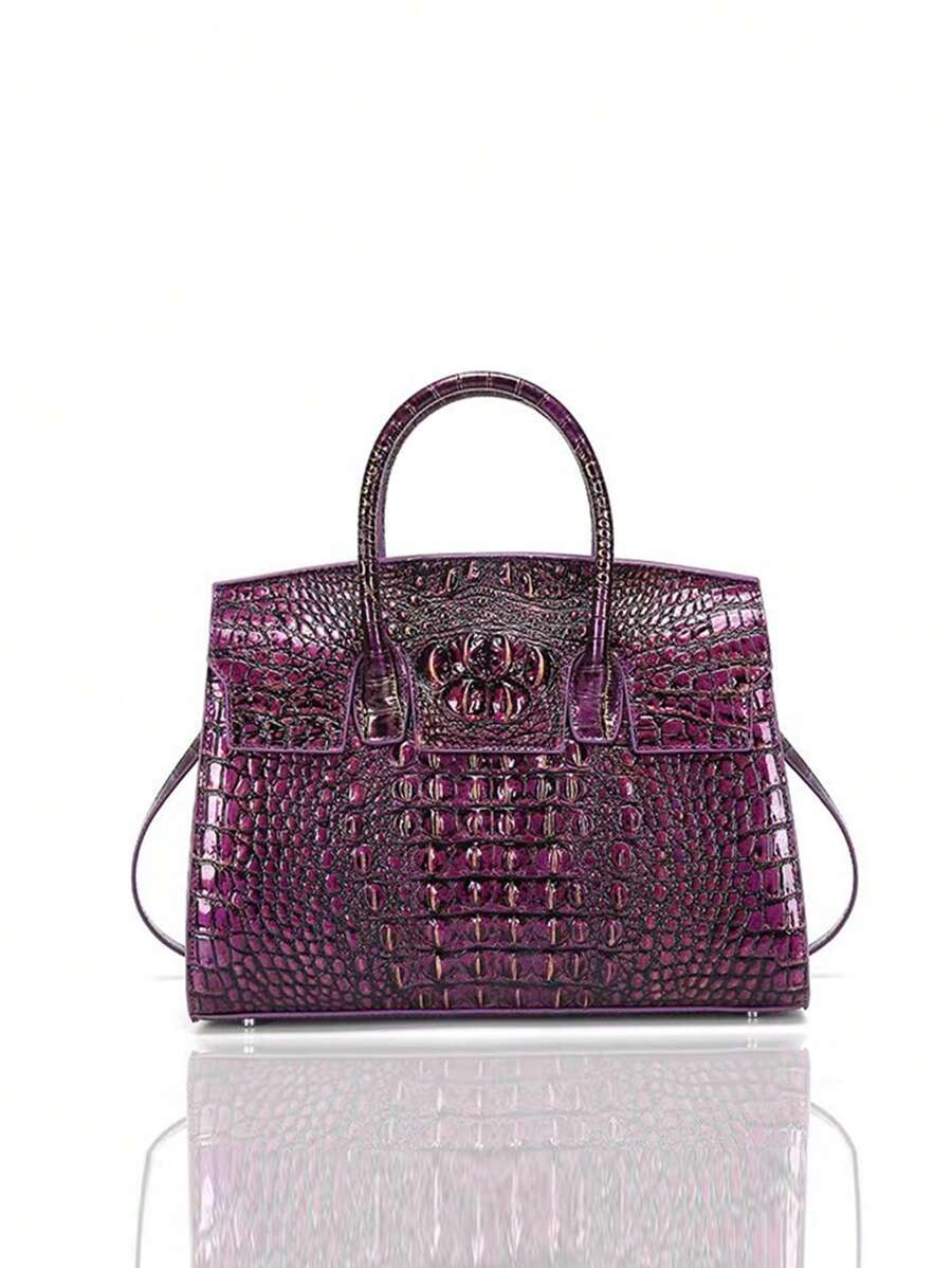 Túi Tote Họa Tiết Cá Sấu Thanh Lịch Thời Trang Mới 2024 Cho Nữ, Sức Chứa Lớn, Túi Đeo Vai, Túi Đeo Chéo, Xương Cá Sấu Đen & Tím Cao Cấp Thiết Yếu Cho Nhân Viên Văn Phòng - Màu tím - Xem 1