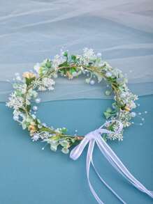 1pc Red Flower Handmade Bridal Hair Band, Woodland Style Pink Princess Headband With Cute Daisy Flower Accessories, Bride Wedding Hair Jewelry, Flower Girl Hair Decor Valentine's Day Accessories - Green - View 3