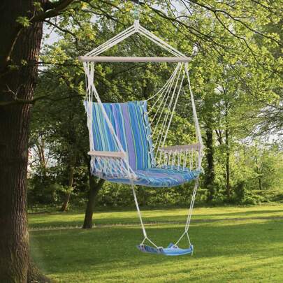 Outsunny Hanging Rope Chair With Soft Padded Seat & Backrest, Portable Garden Hammoc Chair With Wooden Support Bar, Armrests, Cotton Cloth, Footrest, For Patio & Tree
