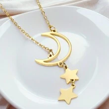 18K金鍍時尚1pc回教開齋節星月吊墜流蘇項鍊女士不銹鋼珠寶最佳友誼禮物