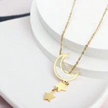 18K金鍍時尚1pc回教開齋節星月吊墜流蘇項鍊女士不銹鋼珠寶最佳友誼禮物