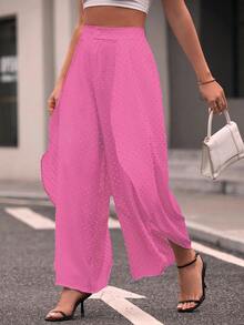 Women's Pants, Dotted, Slit, Sophisticated, Modern, Elegant, Flare, Bell Bottom, Wide Leg - Màu Hồng Tươi - Xem 3