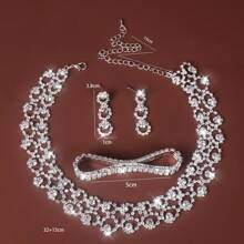 4pcs/set Full Diamond Circle Chain Necklace & Chain Bracelet & Drop Earrings For Women Wedding Bridal Jewelry - Silver - View 15