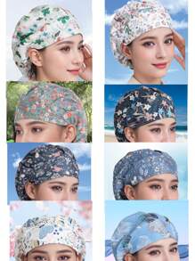 1 Pieza Gorro De Cocinero De Cocina Para Cocinar, Gorras De Sujeción De Cabello Para Enfermeras De Uniforme Ajustable De Calavera, Con Patrón De Frote De Restaurante Respirable Y Ajustable. Gorro Profesional Lavable Y Estampado Con Flores, Para Trabajo, Viajes, Escalada, Montar A Caballo, Fiesta O Uso Diario.