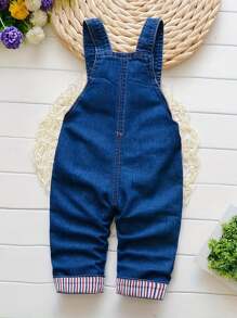 1pc Baby Boy Denim Overalls With Letter Embroidery For Spring/Autumn - Navy Blue - View 3