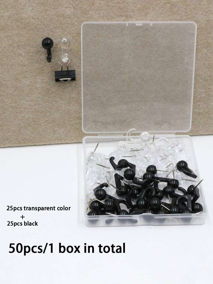 1box 50pcs Creative Hooks Thumbtacks Plastic Push Pins For Felt Board, Soft Wood Board, Photo Wall, Transparent Black - Black and White - View 1