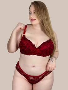 Plus Size Bra & Panty Sets - 紅色 - 查看 3