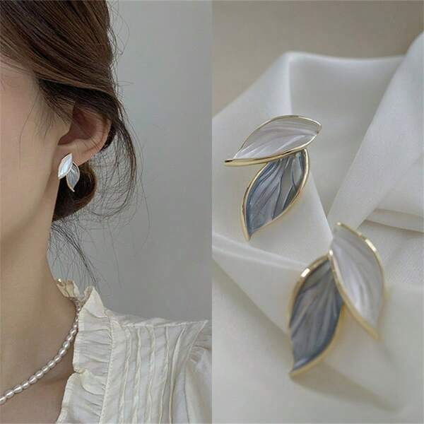 1 Pair Silver Minimalist Fashion Style Leaf Earrings, Personalized Sophisticated Design Ear Studs, Nature Inspired Ladies Jewelry