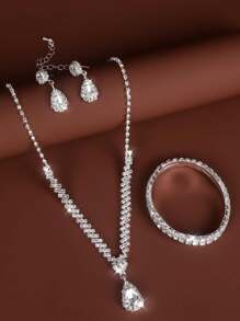 Conjunto de joyas de 4 piezas con diamantes de imitación para mujeres, que incluye collar, aretes y pulsera para bodas y fiestas - Plateado - Ver 9