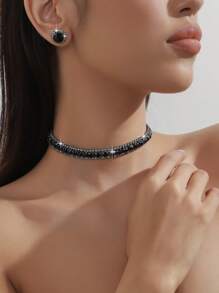 1pc Women's Blue Rhinestone Full Diamond Necklace, 1pc Blue Rhinestone Full Diamond Earrings, 1set Party Dress Accessory Necklace & Earrings - Black - View 1