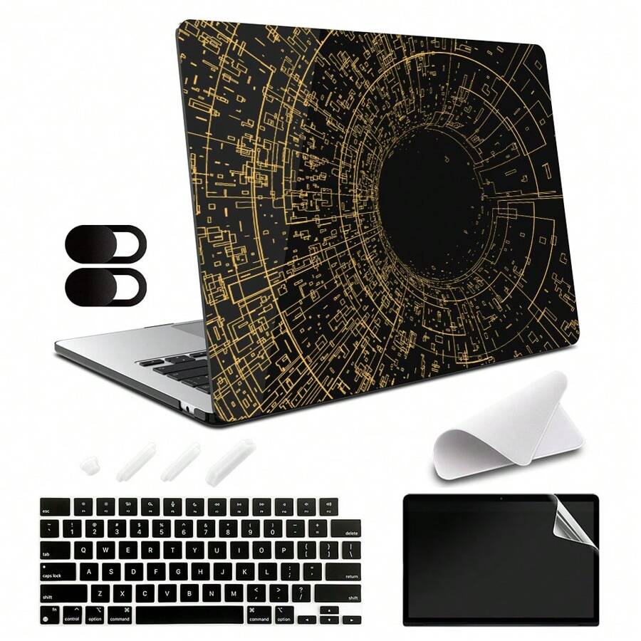 5 In 1 Vỏ máy tính xách tay Tương thích với Macbook Air 13 13.6 14 15 16 Inch M1 M2 M3 Với Trưng bày Với Chạm Quán bar Và Chạm Id 2016 2017 2018 2019 2020 2021 2022 2023 , Đen Pha lê Vỏ cứng Vỏ bảo vệ & Đánh bóng vải & Da bàn phím & Nắp máy ảnh - Đường hầm thời gian in vàng - Xem 1