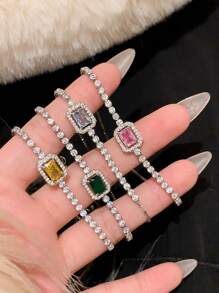 1 Pieza Pulsera Decorativa Ajustable Con Circonia Cúbica Cuadrada Minimalista De Moda Adecuada Para Uso Diario De Mujeres - pulsera cuadrada - Ver 4