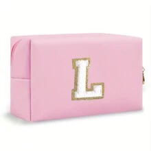 Bolsa de maquillaje con parche de letra inicial, bolsa de cosméticos de chenilla con cremallera y estilo universitario, bolsa de aseo de viaje impermeable con monograma para mujeres y niñas (letras de A a Z) - Esenciales para la vuelta al cole, viajes, vacaciones, suministros escolares, neceser para maquillaje, bolsa organizadora - Rosa - Ver 15