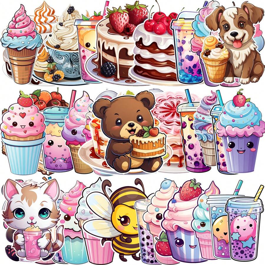 Unique Dessert Drink Stickers, Funny Stickers, Cute Pretty Cool Aesthetics Cartoon Vinyl Stickers, Waterproof Stickers, For Water Bottle, Pad, Phone, Laptop, Scrapbook And Luggage - Multicolor - View 1