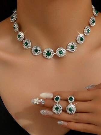 3pcs Women Jewelry Set - Fashionable Earrings & Necklace, Geometric Crystal Bridal Claw Chain, Party & Birthday Gift