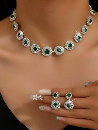 3pcs Women Jewelry Set - Fashionable Earrings & Necklace, Geometric Crystal Bridal Claw Chain, Party & Birthday Gift