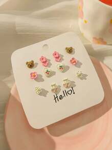 6 cặp/Se Chic Rose Flower Bow & Heart Stud Hoa tai cho phụ nữ - Nhiều màu - Xem 13