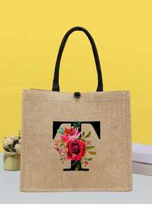 1 Miếng , Vàng Lanh Túi tote , Đỏ  Hoa hồng Hoa Mẫu chữ , Là A Tuyệt vời Qủa tặng Đối với phụ nữ , Mẹ , Giáo viên , Bạn , Và Đa chức năng Túi mua sắm , A Thiết kế mới , Dung lượng lớn , Và MỘT Lý tưởng Mua sắm - Màu Khaki - Xem 15