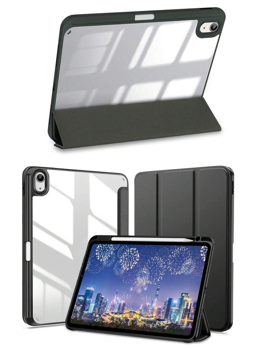 Mirrored Silicone Transparent IPad Protective Case, Tri-Fold Design With Pencil Slot, Transparent Back Cover, Ultra-Thin Stand, Shock & Drop Proof - Black