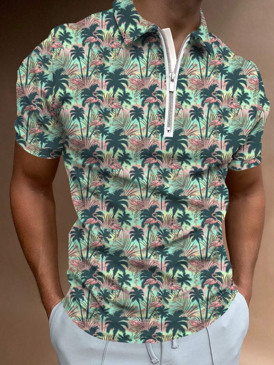 夏季男士時尚襯衫領休閒西裝外套短袖男士t恤拉鍊polo衫3d印花衫街頭風格,男士運動polo T恤春季上衣 - 綠色 - 查看 1