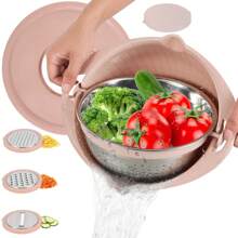 Kitchen Colander Set With Plastic Mixing Bowl 360°Rotating Food Strainers With 3 Thread Graters Stainless Steel Pasta Strainer With Handle Lid Rice Strainer Salad Spinner Vegetable Washing Basket - Pink - View 10