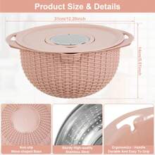 Kitchen Colander Set With Plastic Mixing Bowl 360°Rotating Food Strainers With 3 Thread Graters Stainless Steel Pasta Strainer With Handle Lid Rice Strainer Salad Spinner Vegetable Washing Basket - Pink - View 3