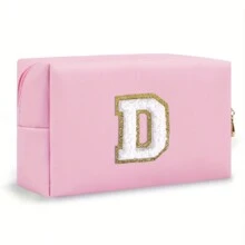 Bolsa de maquillaje con parche de letra inicial, bolsa de cosméticos de chenilla con cremallera y estilo universitario, bolsa de aseo de viaje impermeable con monograma para mujeres y niñas (letras de A a Z) - Esenciales para la vuelta al cole, viajes, vacaciones, suministros escolares, neceser para maquillaje, bolsa organizadora - Rosa - Ver 25