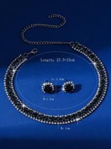 1pc Women's Blue Rhinestone Full Diamond Necklace, 1pc Blue Rhinestone Full Diamond Earrings, 1set Party Dress Accessory Necklace & Earrings - Black - View 3