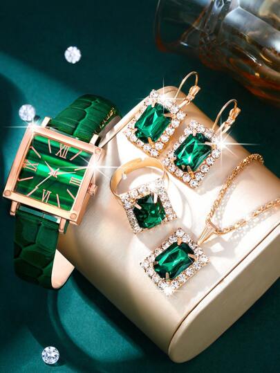 National Day 5Pcs/Set Ladies Watch Ladies' Green Pu Leather Strap Casual Quartz Wristwatch And Necklace Earrings Rings Jewelry Set Square Full Rhinestone Jewelry Set Suitable For Everyday Wear, Thanksgiving, Halloween, Christmas, Birthday Parties, Ramadan, And As The Perfect Gift No Box