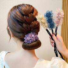 1pc Elegant & Stylish Mesh Hair Bun Maker With Three Flowers, Suitable For Daily Use Boho,Hair Accessories Bun Hair Piece Hair Styling Pins, School Stuff - Flowers - View 4