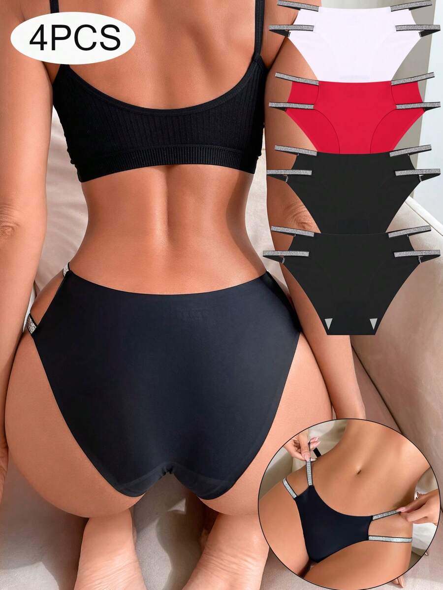 4pcs/Set Ladies' Simple Solid Color Comfortable And Breathable Double Skinny Waistband Sexy Traceless Triangle Panties Women's Underwear Set - Multicolor - View 1