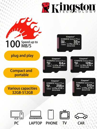 KINGSTON Kingston 1pc SDCS2 micro sd card 32GB/ 64GB/128GB/256GB/512GB A1 U3 High Speed TF Card Memory Card For Smartphone Dashcam