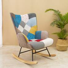 Rocking Chair, Mid Century Fabric Rocker Chair With Wood Legs And Patchwork Linen For Livingroom Bedroom - 彩色 - 查看 8