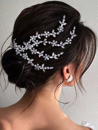 银色新娘发梳饰有不对称水钻枝，适合女士，婚礼高髻发饰，适合伴娘优雅皇家头饰