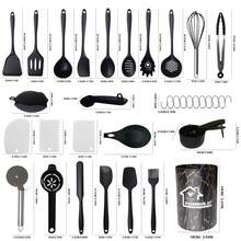 Juego de utensilios de cocina de silicona - Juego de utensilios de cocina de 43 piezas con soporte, espátula, cuchara, pinzas y batidor para utensilios de cocina antiadherentes, juego de utensilios de cocina resistentes al calor y gadgets de cocina - Negro - Ver 2