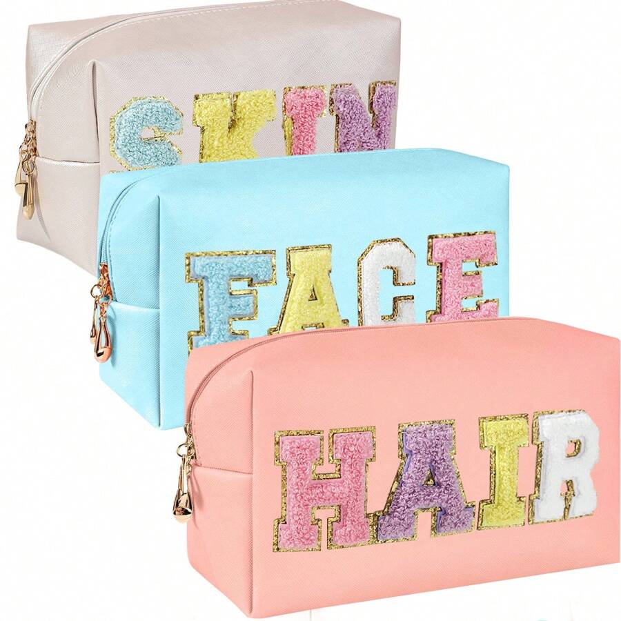 3入組預ppy風格化妝包,女士旅行洗漱包,毛絨字母化妝包,pu皮水密袋,可愛拉鍊整理袋,適用於肌膚、頭髮和面部