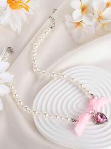 1pc Romantic Pink Heart Shaped Bow Necklace For Women, Sweet And Pure, Clavicle Chain Valentines - Pink - View 3